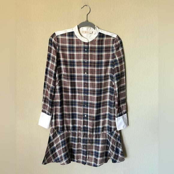 Tory Burch Cora Milano Tartan Silk Mini Brown Blue Shirt Dress Plaid Size 0 - Picture 11 of 15